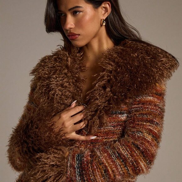 Multicolor Bohemian Women's fuzzy Collar & Cuffs Long Striped sweater Cardigan - Picture 6 of 7